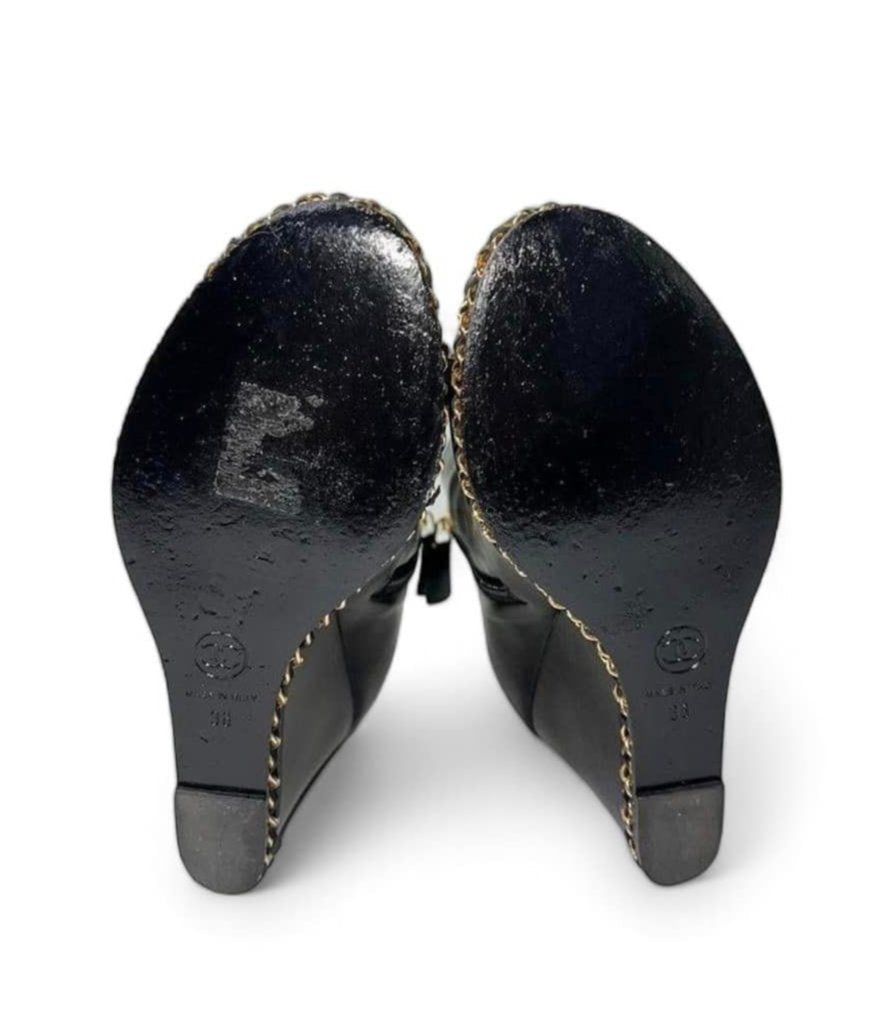 CHANEL Black Open Toe Lambskin Leather Gold Chain Wedge Ankle Boots Size EU38