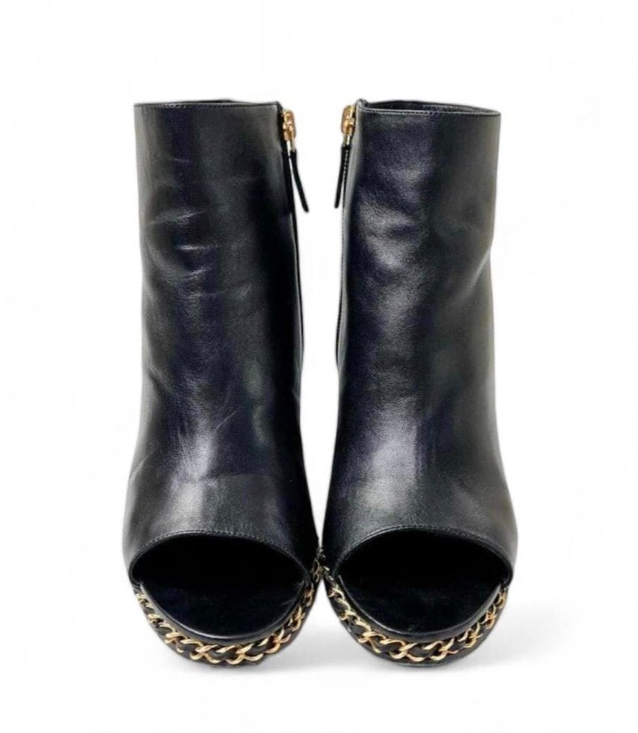 CHANEL Black Open Toe Lambskin Leather Gold Chain Wedge Ankle Boots Size EU38