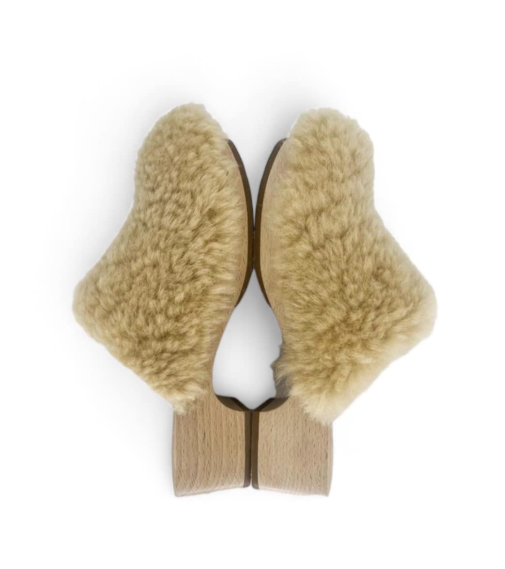 CHANEL 2022 Beige SHEARLING LAMBSKIN CC Logo Fuzzy Low Heel Clogs Size EU38