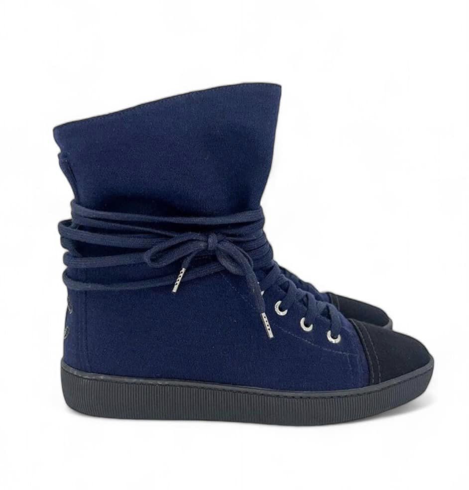 CHANEL Indigo Suede CC Logo Lace-Up Black Cap Toe Sneaker Boots Size EU37