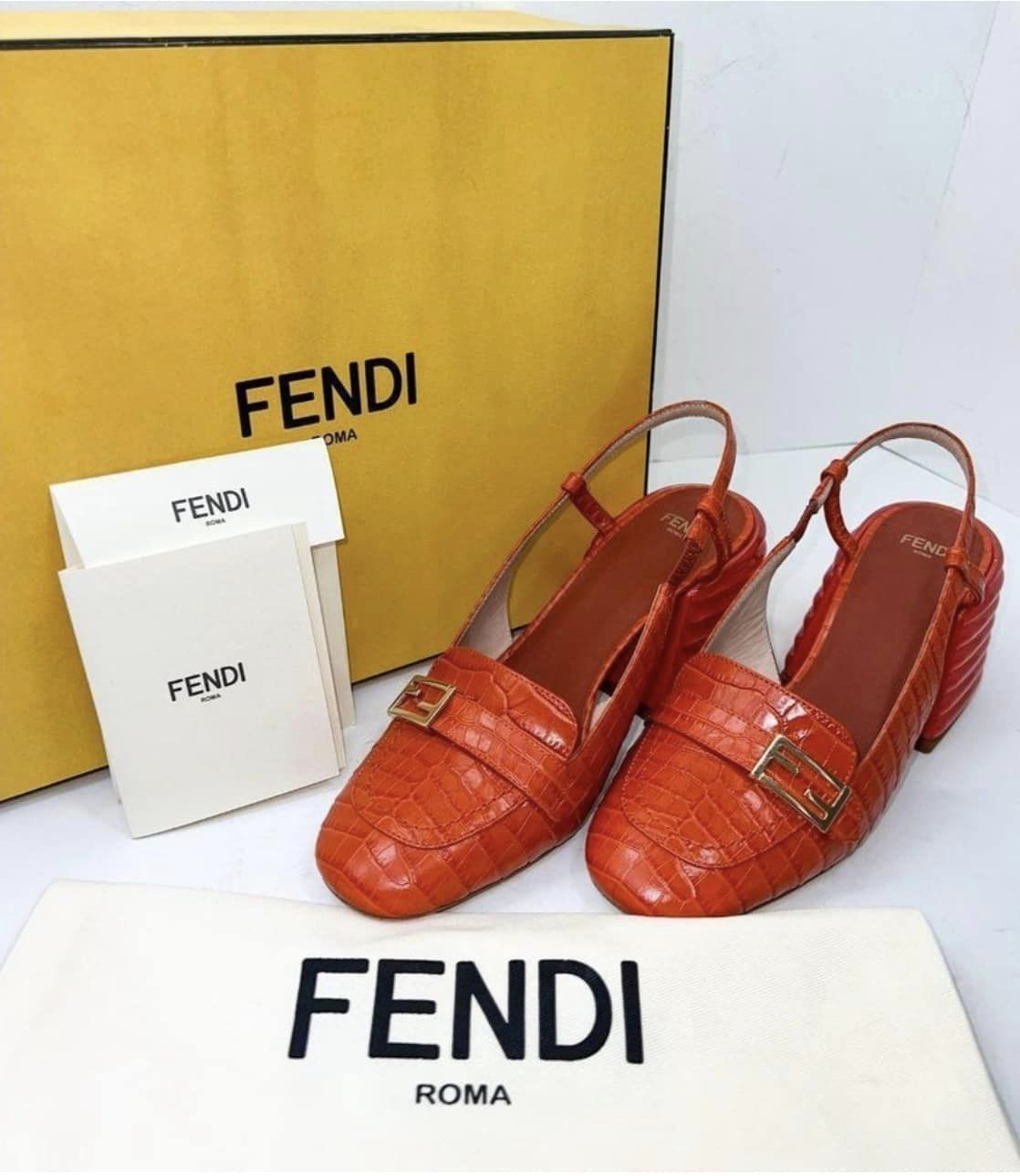 FENDI Orange Rust Runway Croc Effect FF Logo Buckle Slingback Pumps Size EU36