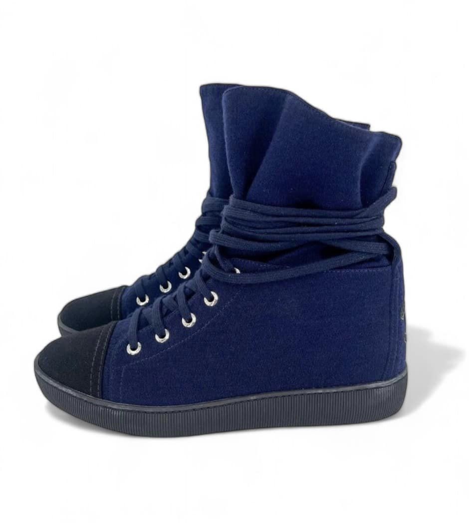 CHANEL Indigo Suede CC Logo Lace-Up Black Cap Toe Sneaker Boots Size EU37