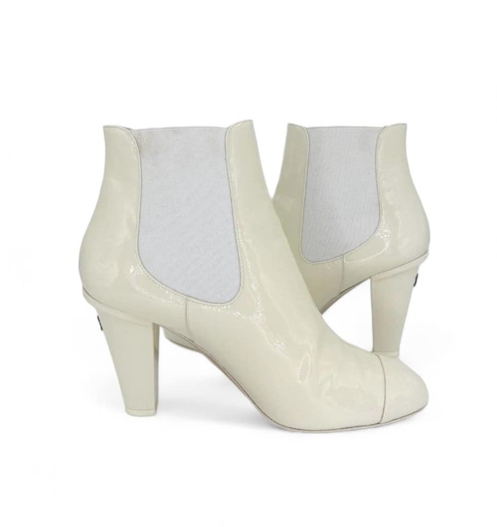 CHANEL 2022 Chelsea Ivory CC Logo Block Heel Ankle Boots Size EU38