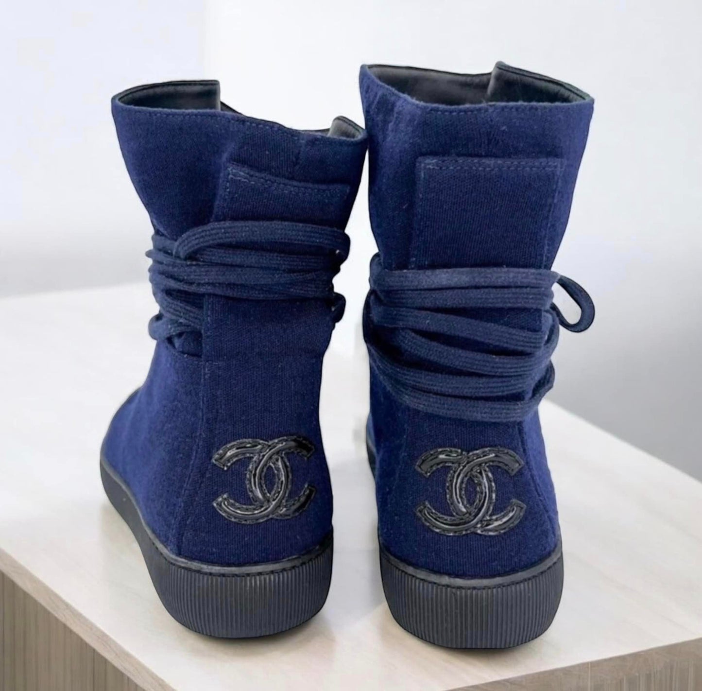 CHANEL Indigo Suede CC Logo Lace-Up Black Cap Toe Sneaker Boots Size EU37