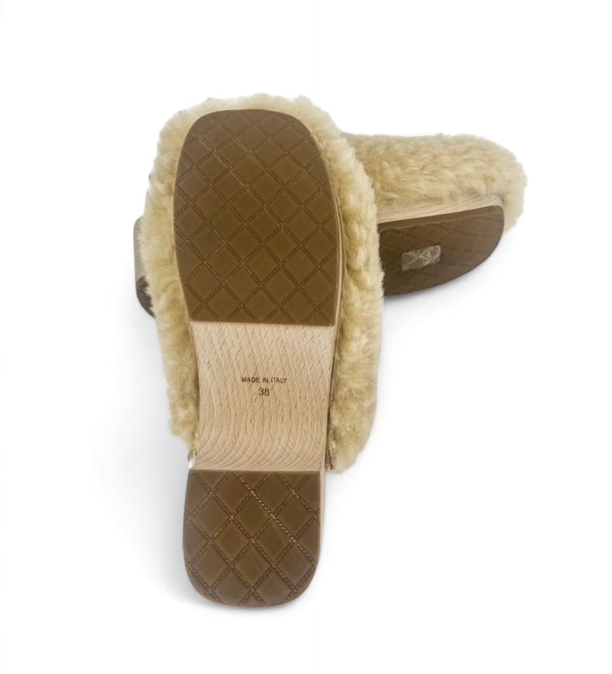 CHANEL 2022 Beige SHEARLING LAMBSKIN CC Logo Fuzzy Low Heel Clogs Size EU38