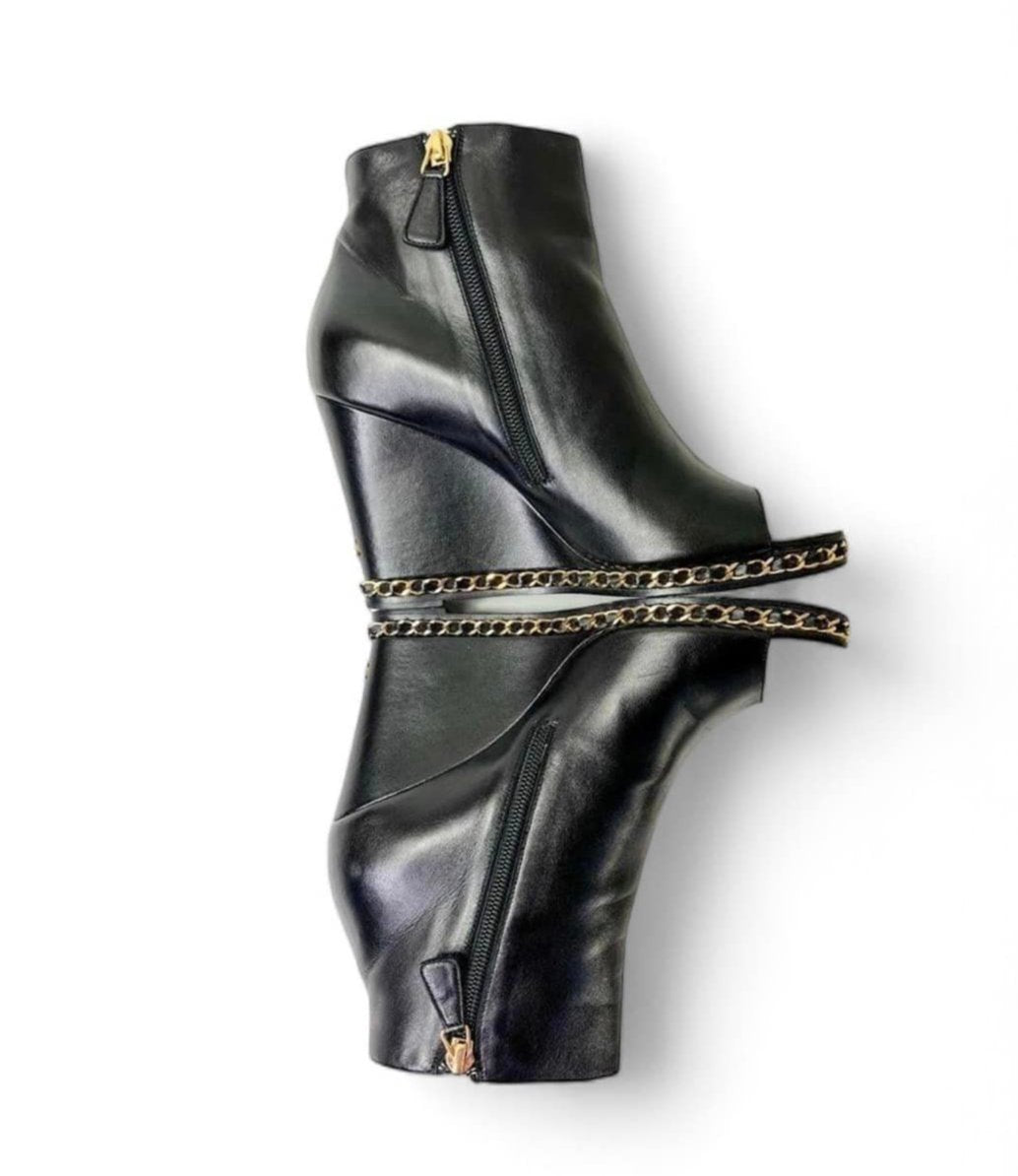 CHANEL Black Open Toe Lambskin Leather Gold Chain Wedge Ankle Boots Size EU38