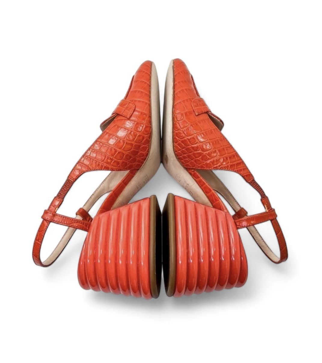 FENDI Orange Rust Runway Croc Effect FF Logo Buckle Slingback Pumps Size EU36