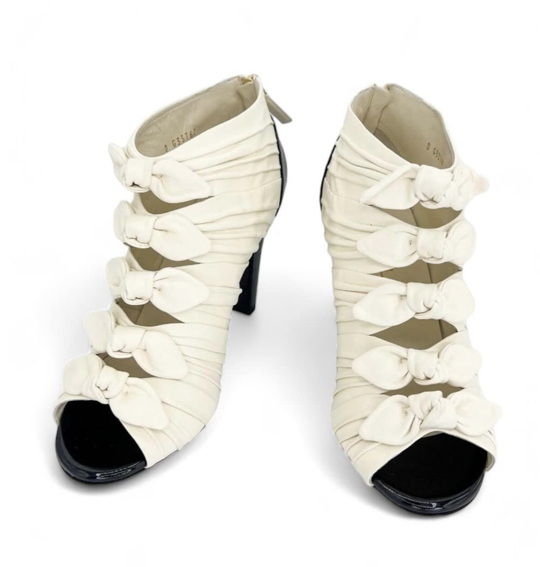 CHANEL Ivory Bow Detail CC Logo Ruched Ankle Booties Size EU40