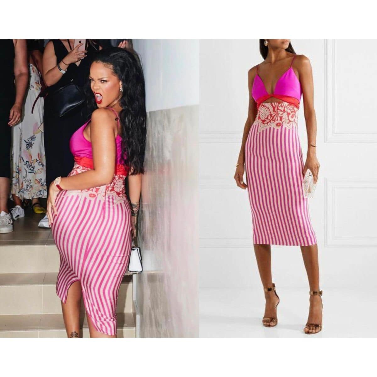 Rihanna's CUSHNIE Runway 100% Silk Stripe & Floral Sheath Midi Dress Size 2