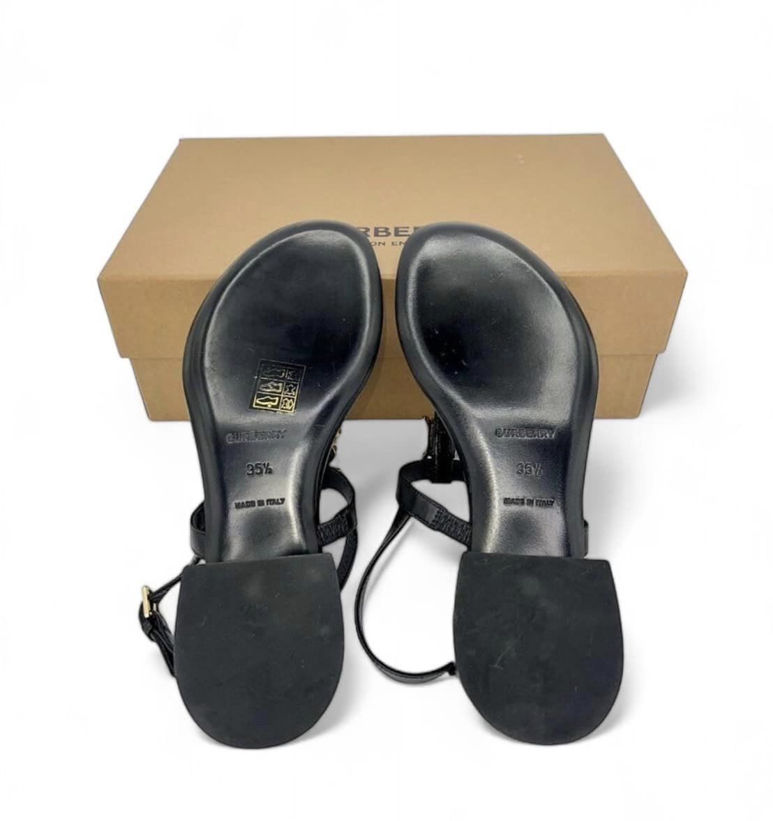 BURBERRY Emily Black 'B' Logo Plaque T-Strap Flat Sandals Size EU35.5