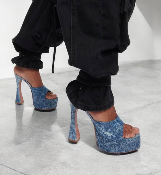 AMINA MUADDI Dalida Blue Denim Square Open Toe Platform Pumps Size EU41.5