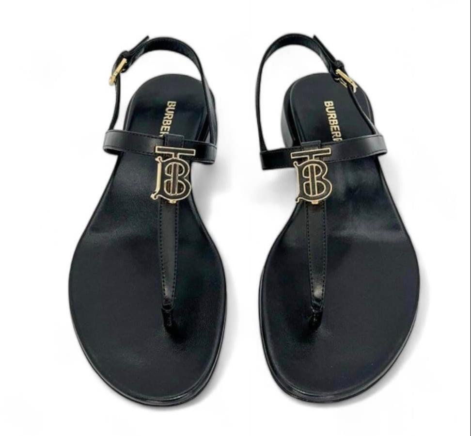 BURBERRY Emily Black 'B' Logo Plaque T-Strap Flat Sandals Size EU35.5