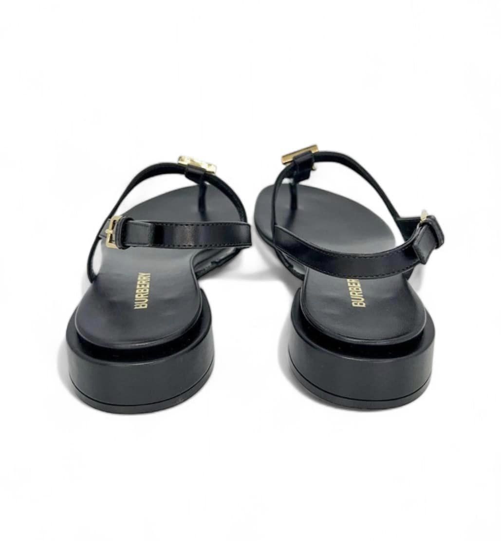 BURBERRY Emily Black 'B' Logo Plaque T-Strap Flat Sandals Size EU35.5