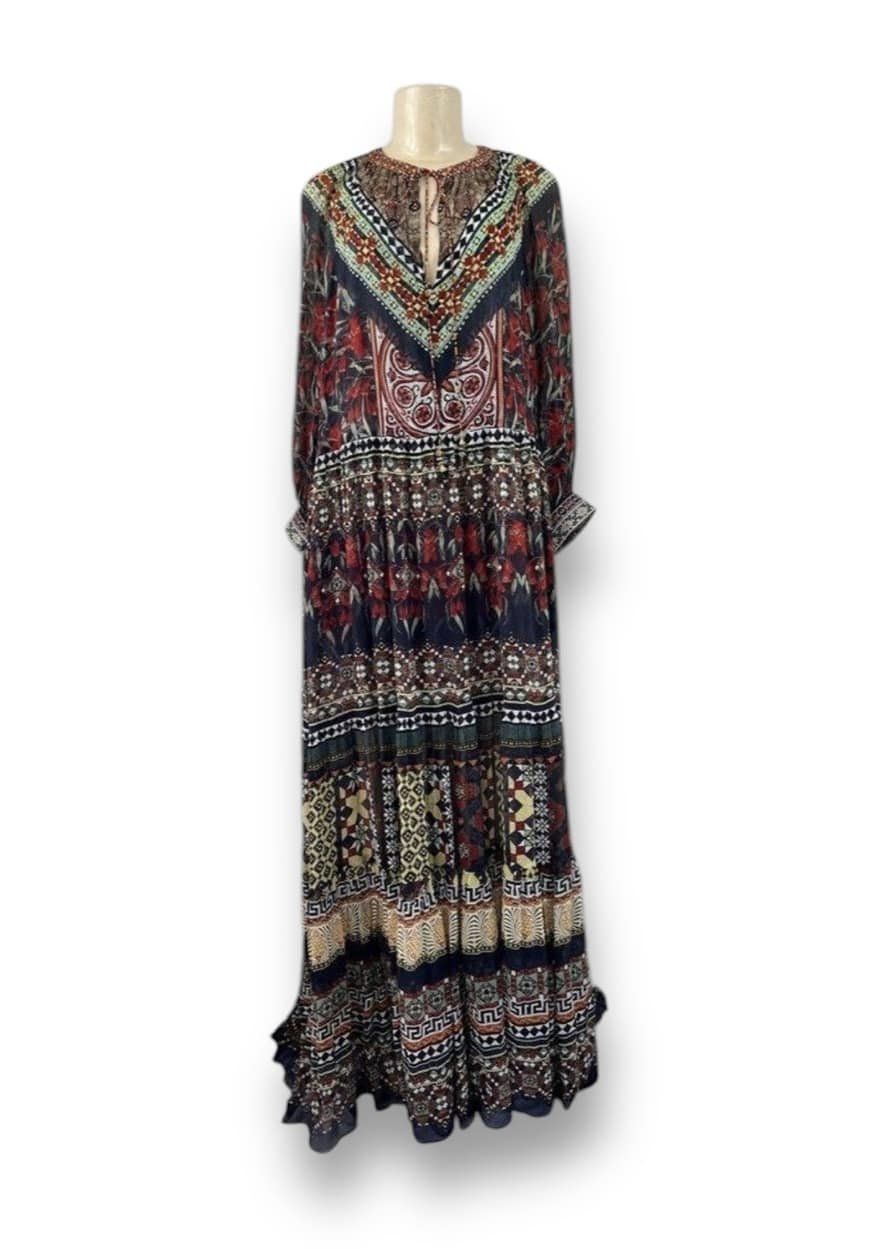 CAMILLA 100% Silk Long Gathered Panel Paved In Paisley Maxi Dress Size S