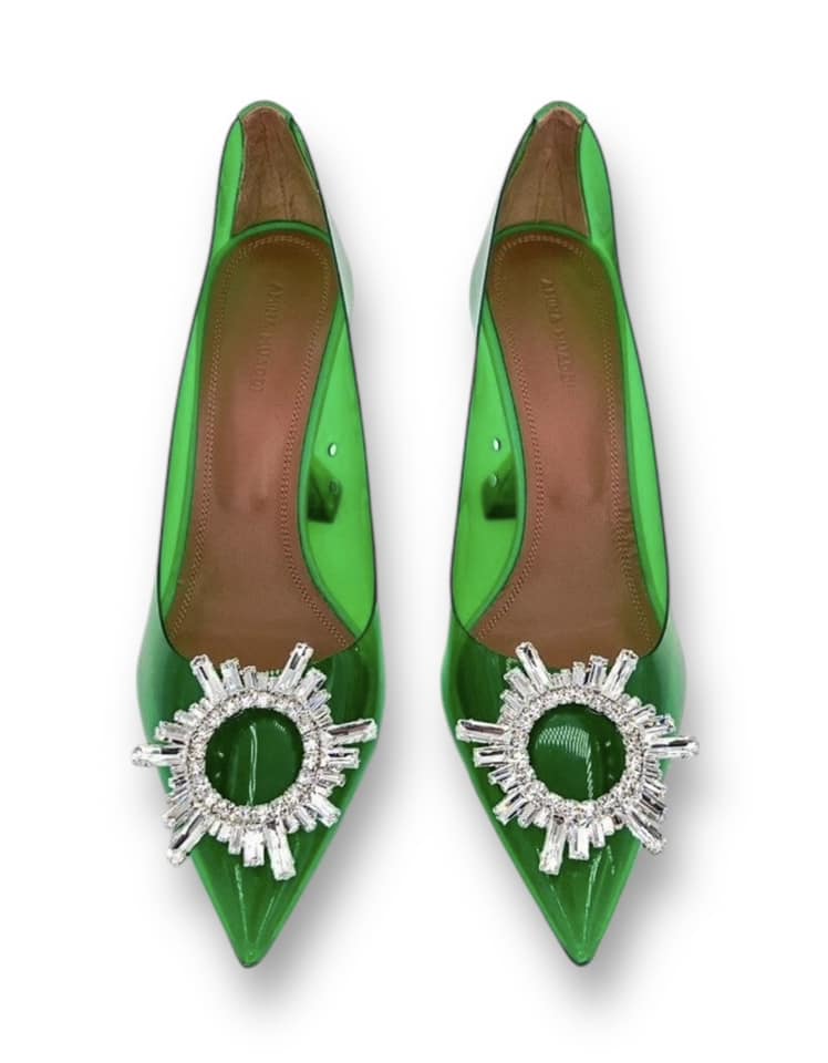 AMINA MUADDI Begum Green Pointed Toe Crystal Brooch Glass Pumps EU38.5