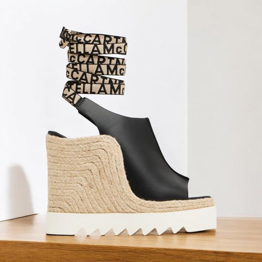 STELLA McCARTNEY Black Peep Toe Logo Tie Wedge Platform Sandals EU41