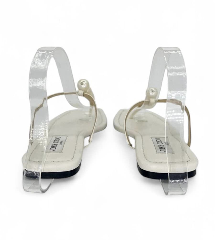 JIMMY CHOO Alaina White Faux Pearl Embellished Thong Flat Sandals IT37