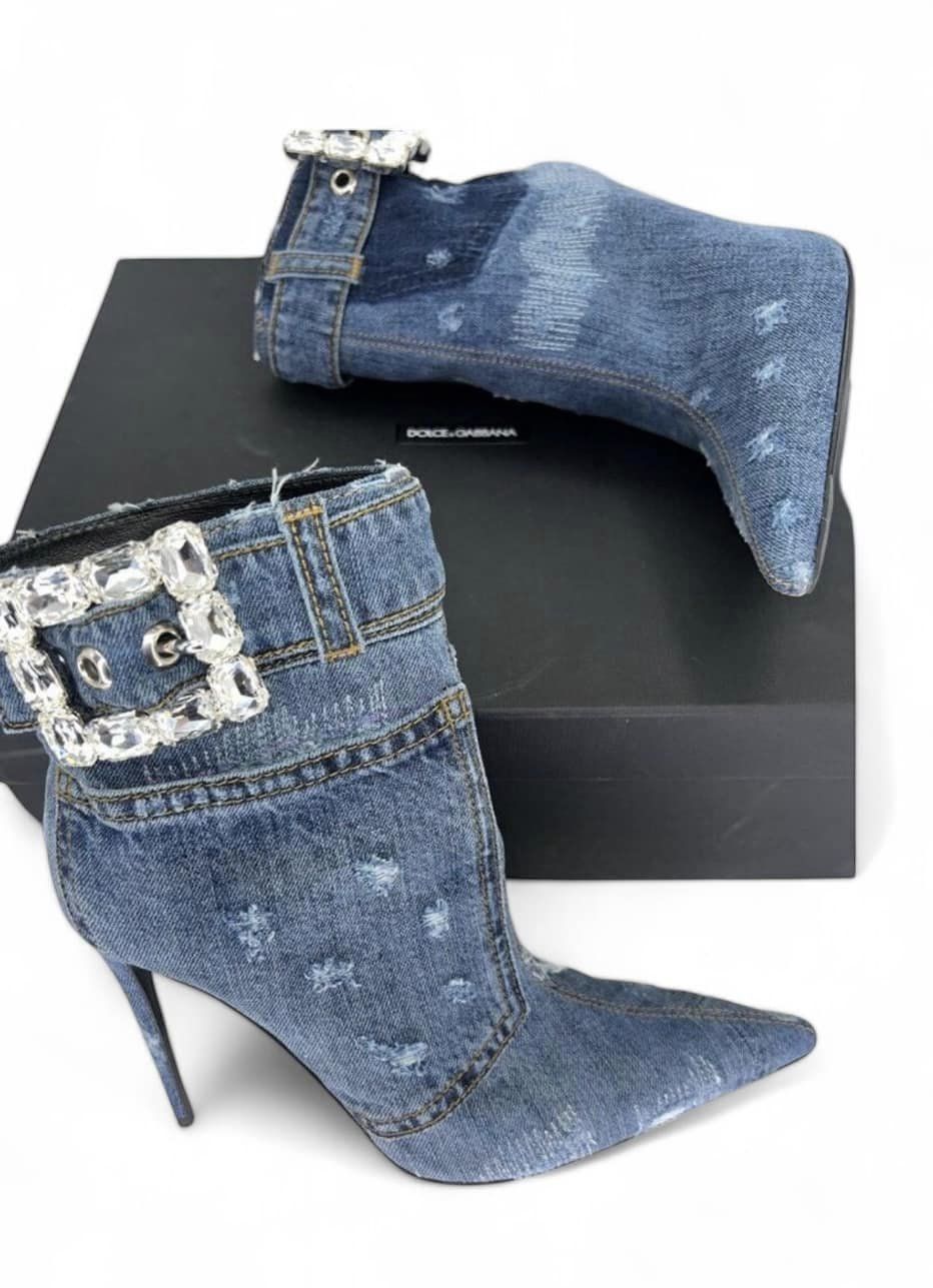 DOLCE & GABBANA Dark Denim Patchwork DG Logo Rhinestone Ankle Boot IT40