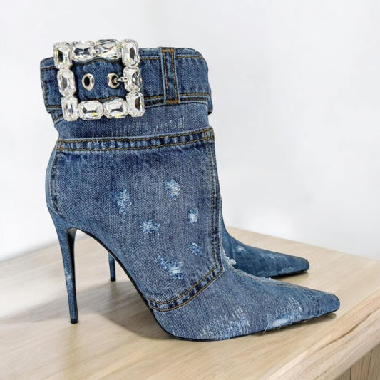 DOLCE & GABBANA Dark Denim Patchwork DG Logo Rhinestone Ankle Boot IT40