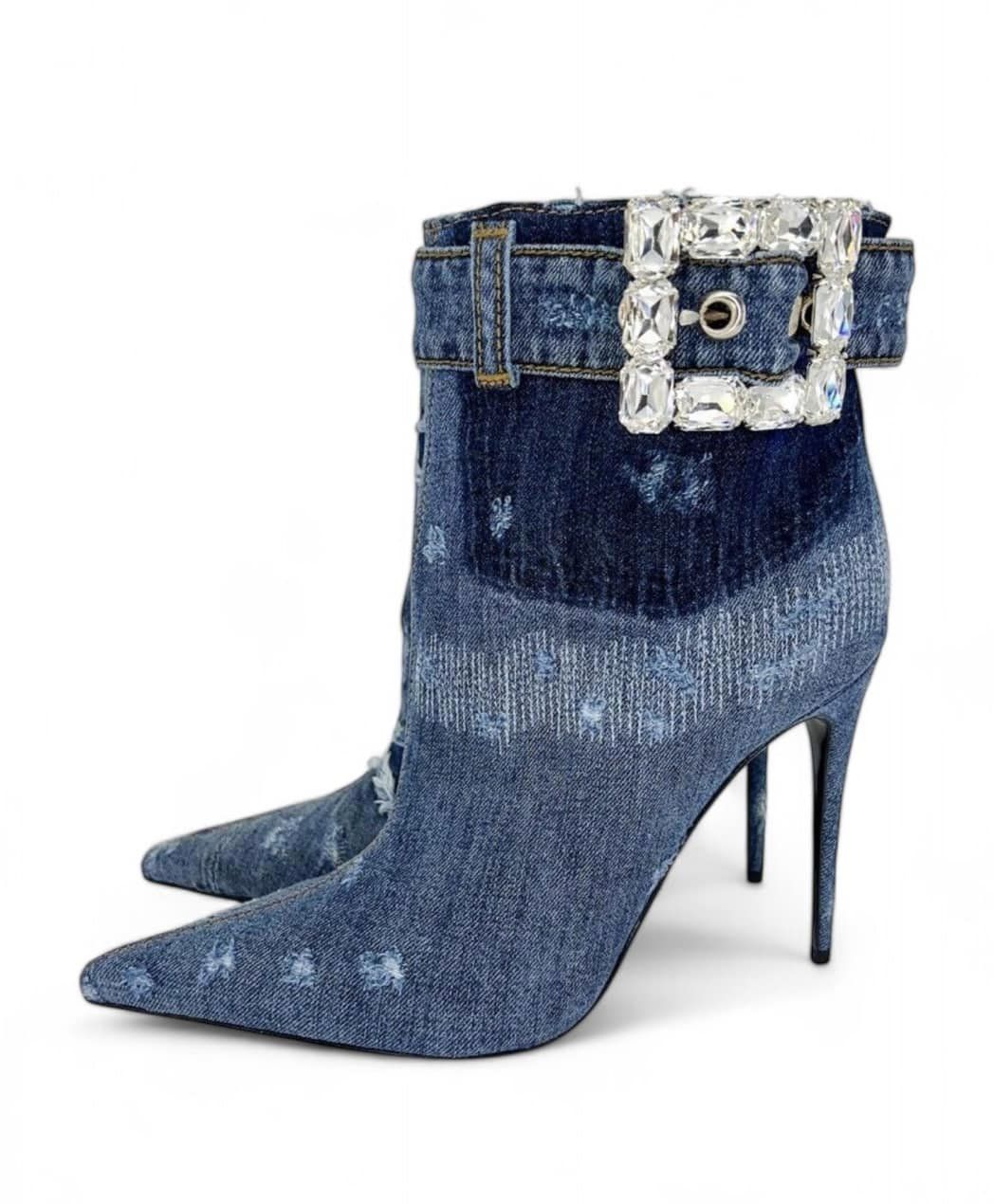 DOLCE & GABBANA Dark Denim Patchwork DG Logo Rhinestone Ankle Boot IT40