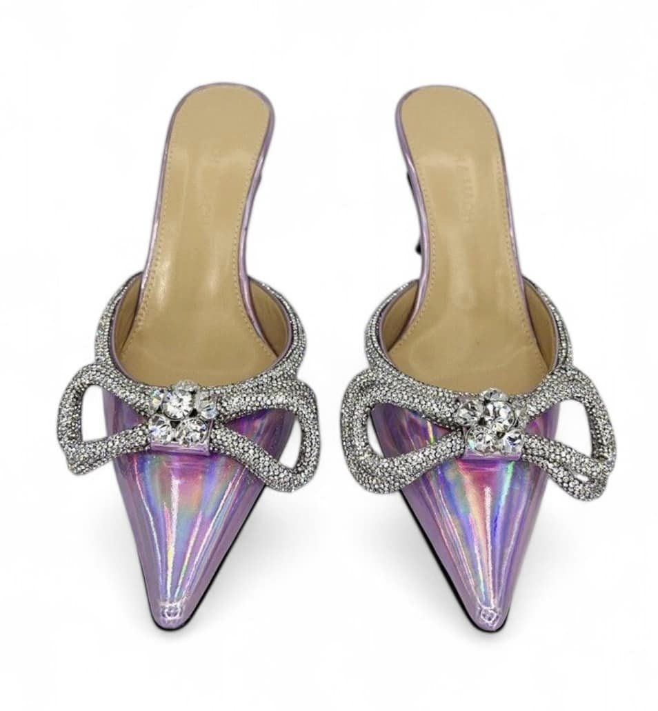 MACH & MACH Pink Iridescent Crystal Embellished Bow Mules Size EU36