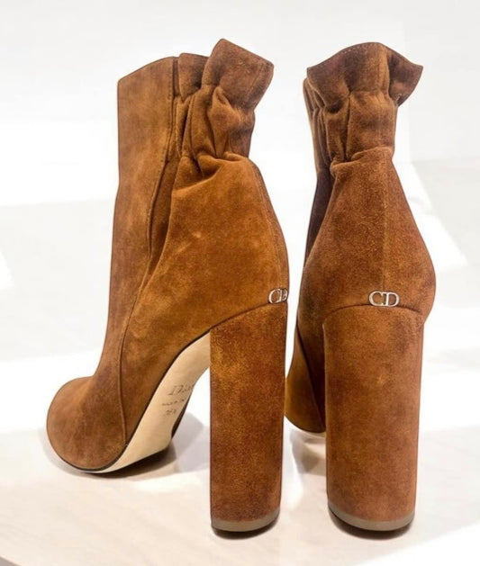 Christian DIOR Brown Suede CD Logo Block Heel Ankle Boots Size EU36.5