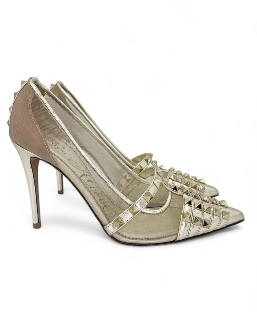 VALENTINO GARAVANI Gold Mesh Nappa Rockstud Alcove Stiletto Pumps Size EU38