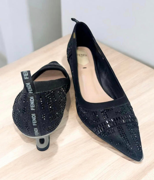 FENDI Black FF Zucca Jewelled Slingback Slip-on Heels Size IT39