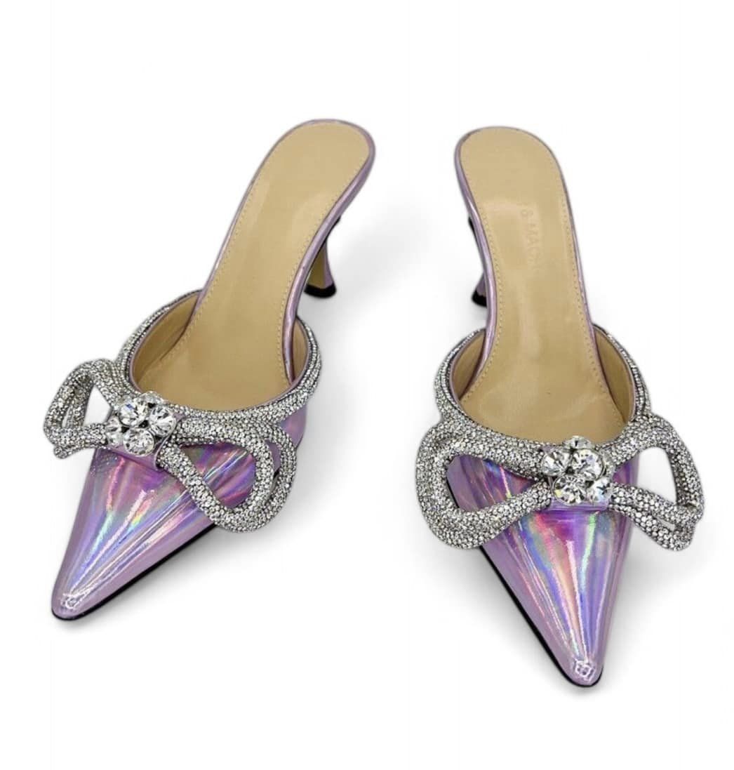 MACH & MACH Pink Iridescent Crystal Embellished Bow Mules Size EU36