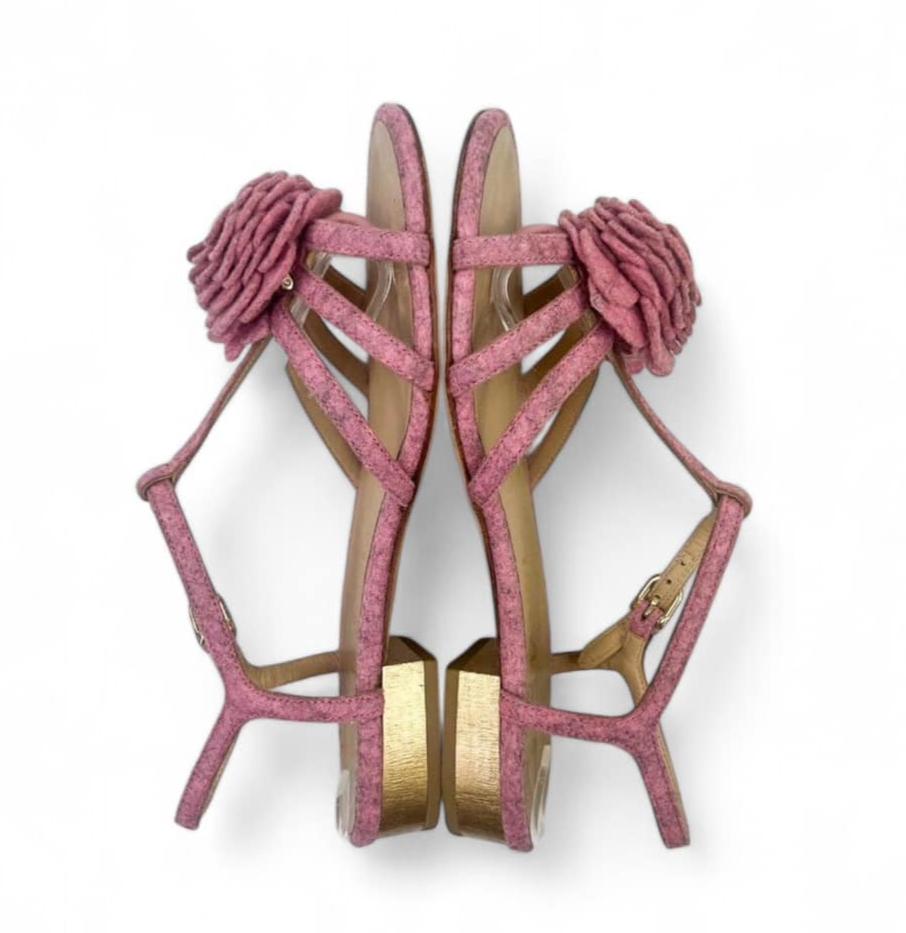 CHANEL Dusty Pink CC Logo Camellia Flower Sandals IT36