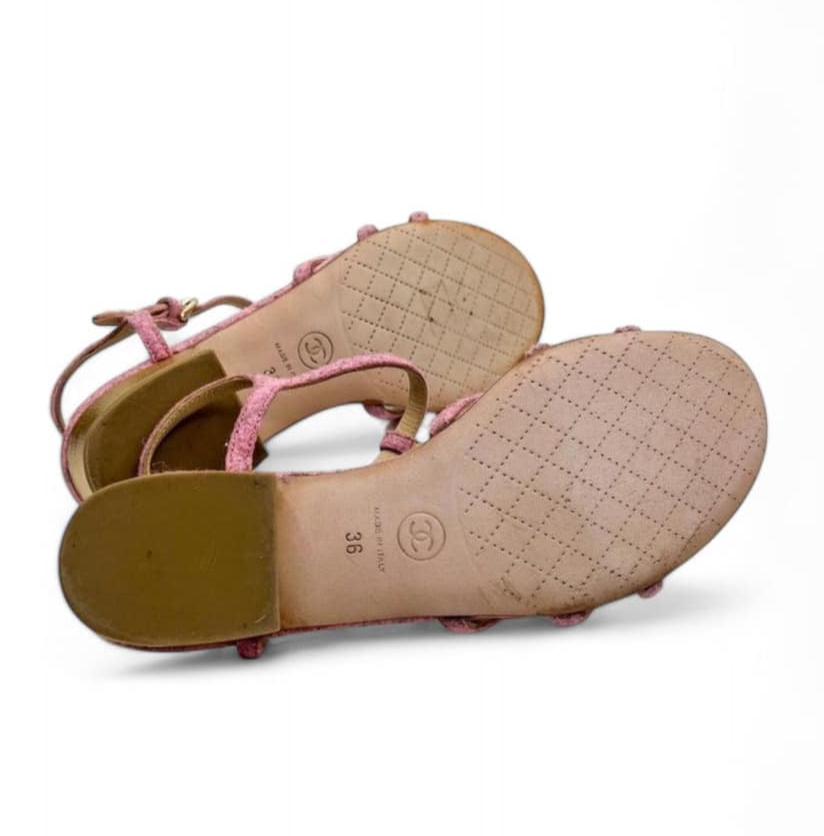 CHANEL Dusty Pink CC Logo Camellia Flower Sandals IT36