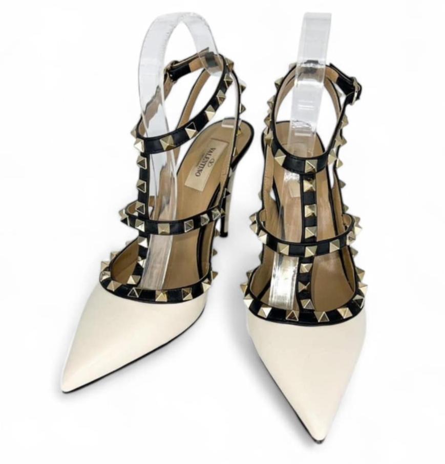 VALENTINO GARAVANI Beige Leather Caged Rockstud Pointed Toe Heels EU38.5