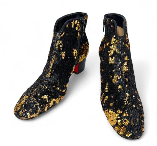 CHRISTIAN LOUBOUTIN Gold & Black Sequin 70's Disco Ankle Boots EU37