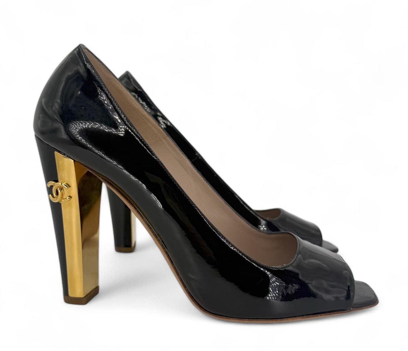 CHANEL Black & Gold Patent Leather CC Logo Peep Toe Pumps Size EU40.5