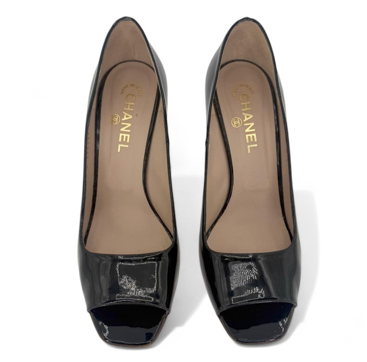 CHANEL Black & Gold Patent Leather CC Logo Peep Toe Pumps Size EU40.5