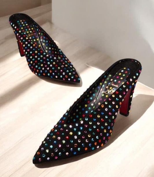 CHRISTIAN LOUBOUTIN Veryvee Black Bedazzled Mules EU37