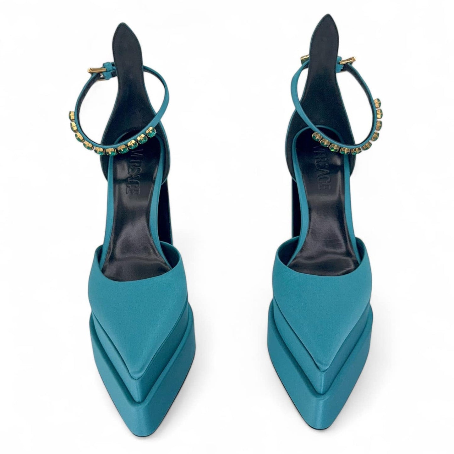 VERSACE Aevitas Teal Crystal-Embellished Platform Block Heel Pumps IT38