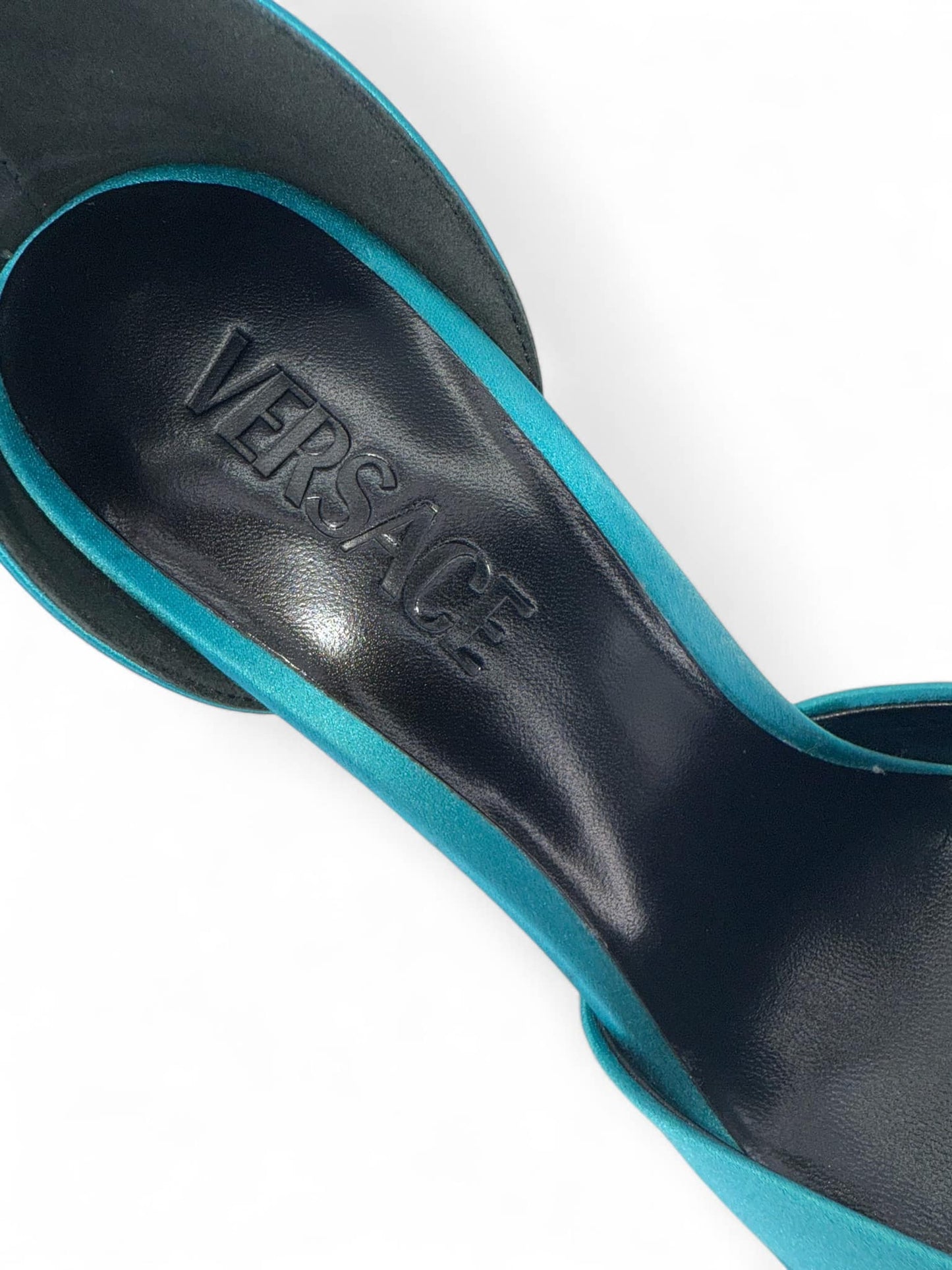 VERSACE Aevitas Teal Crystal-Embellished Platform Block Heel Pumps IT38