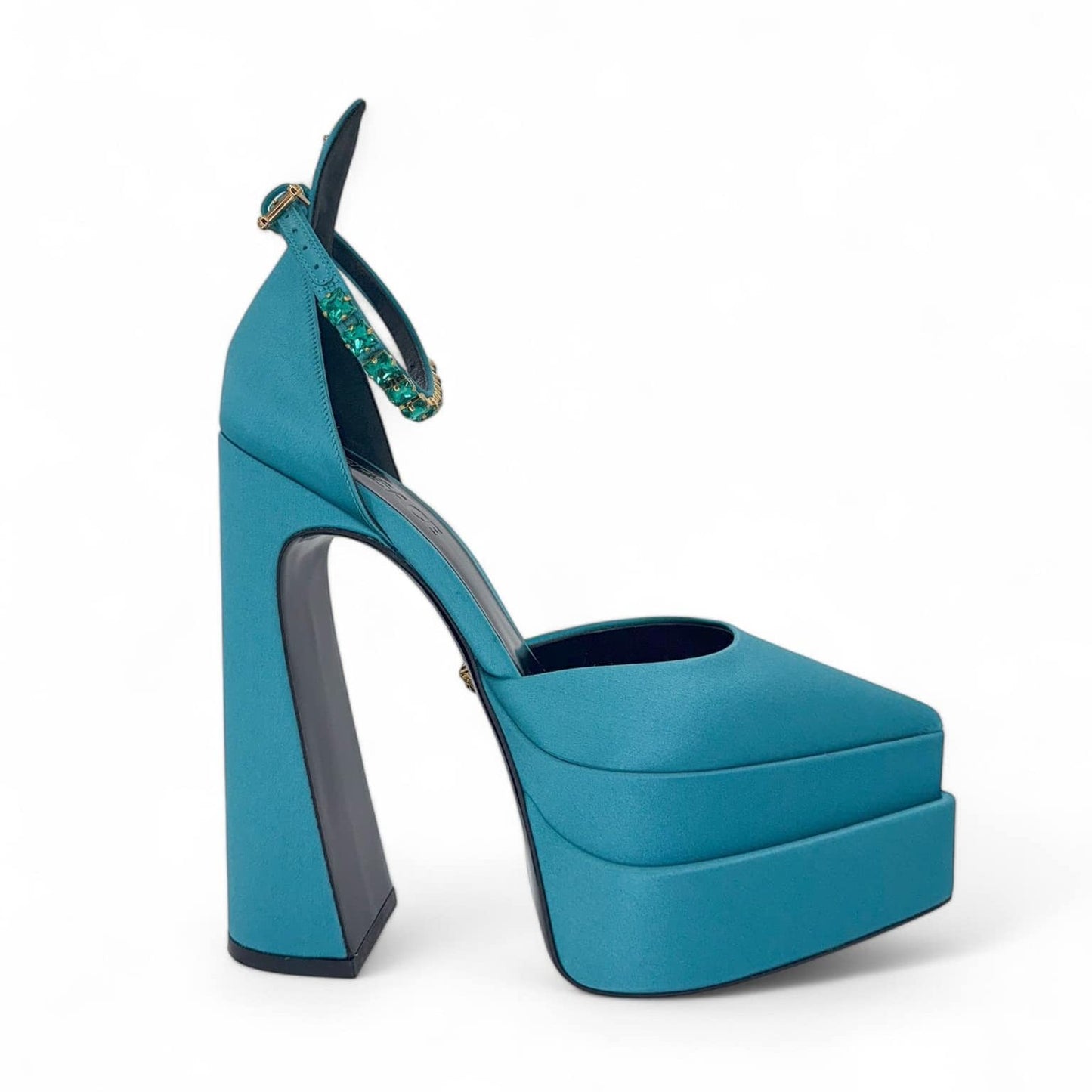 VERSACE Aevitas Teal Crystal-Embellished Platform Block Heel Pumps IT38