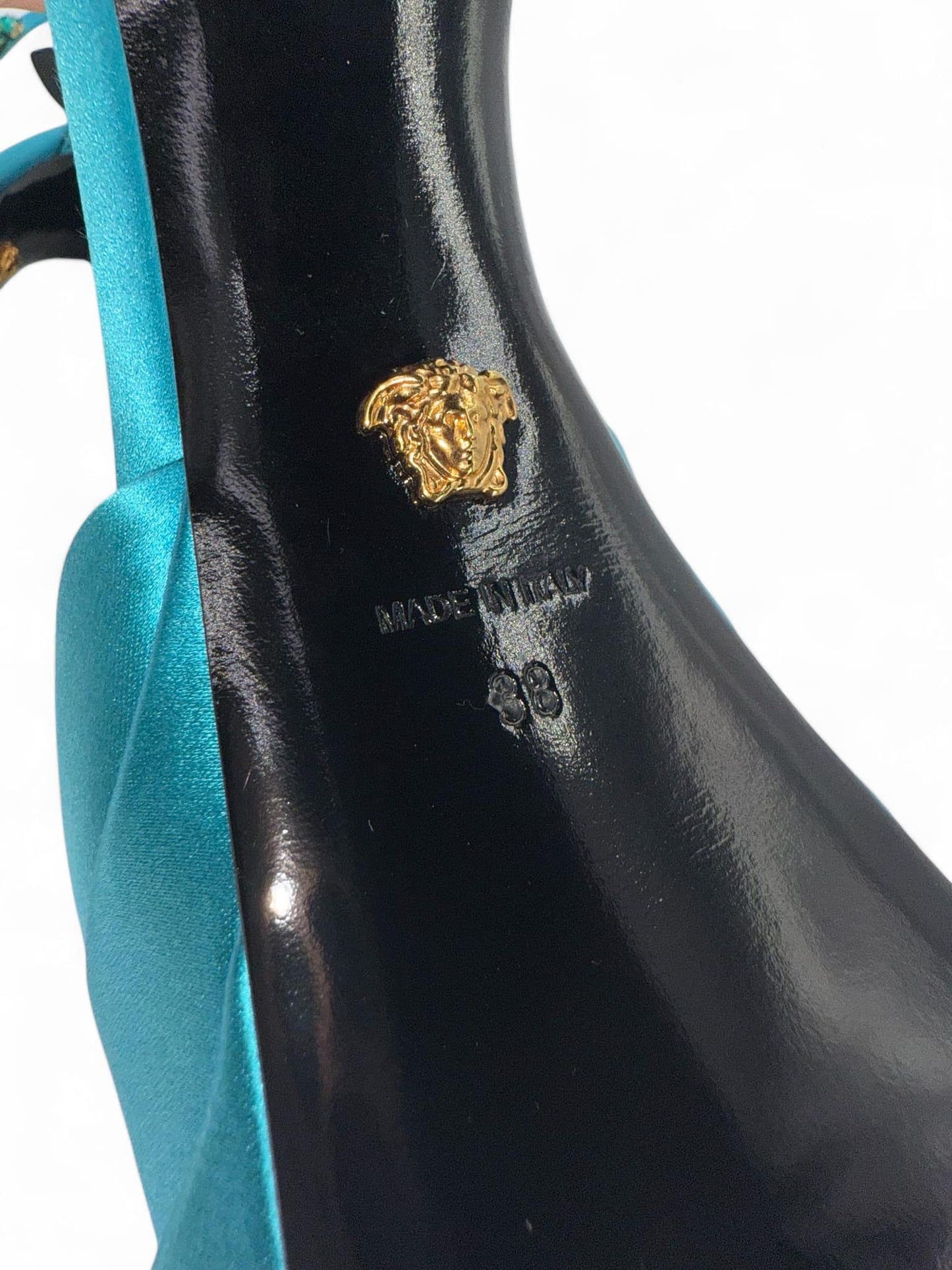 VERSACE Aevitas Teal Crystal-Embellished Platform Block Heel Pumps IT38