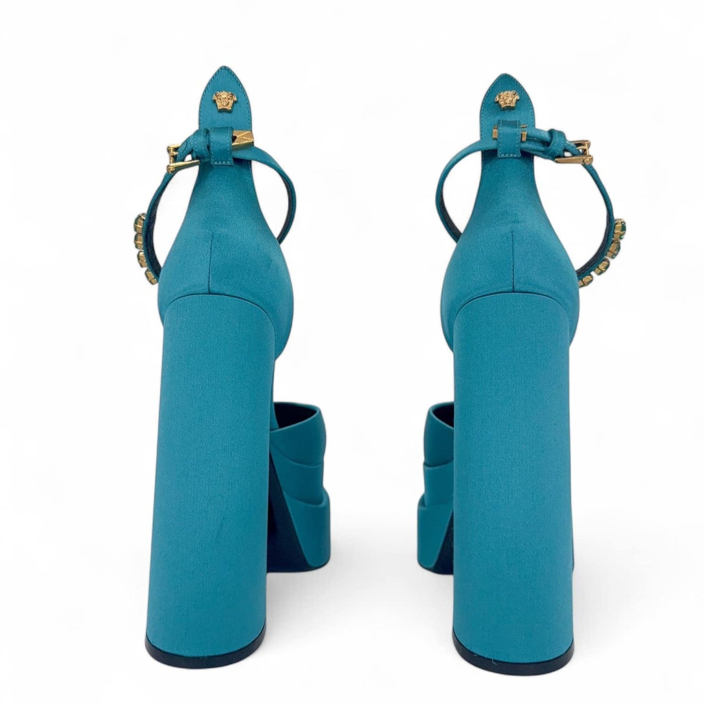 VERSACE Aevitas Teal Crystal-Embellished Platform Block Heel Pumps IT38