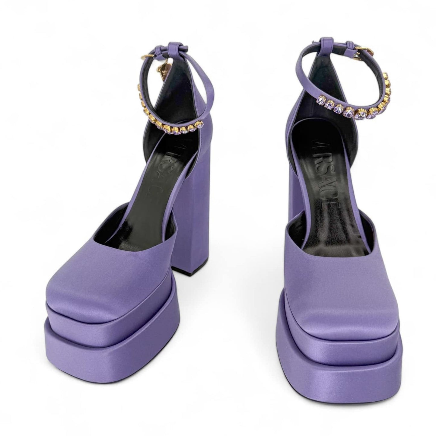 VERSACE Aevitas Purple Crystal-Embellished Platform Block Heel Pumps IT39.5