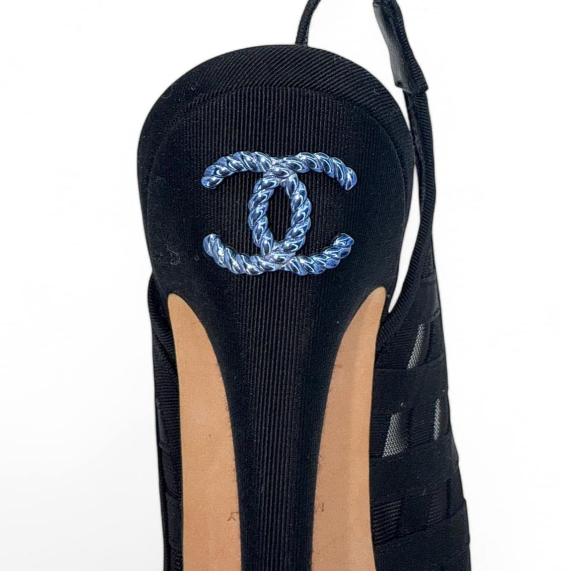 CHANEL 19' CC Logo Mesh & Grosgrain Cap Toe Slingback Heels EU36.5