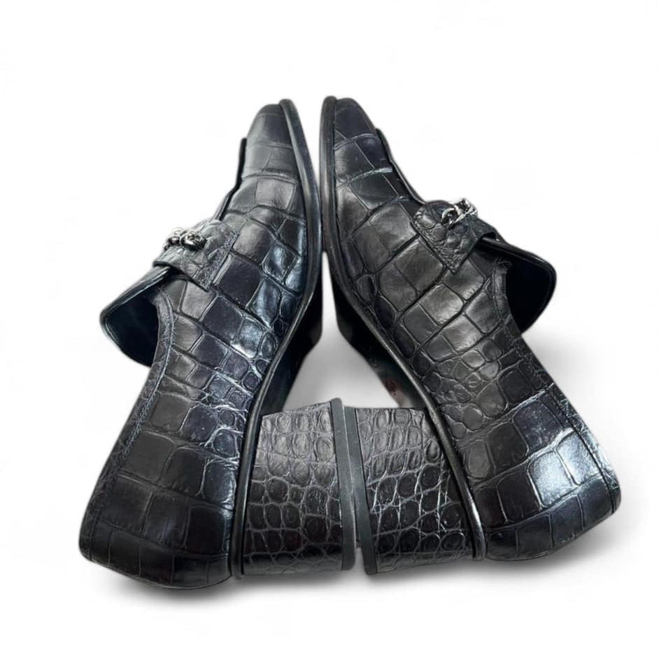 CHANEL CC Logo Black Croc Embossed Calfskin Leather Loafers IT36.5
