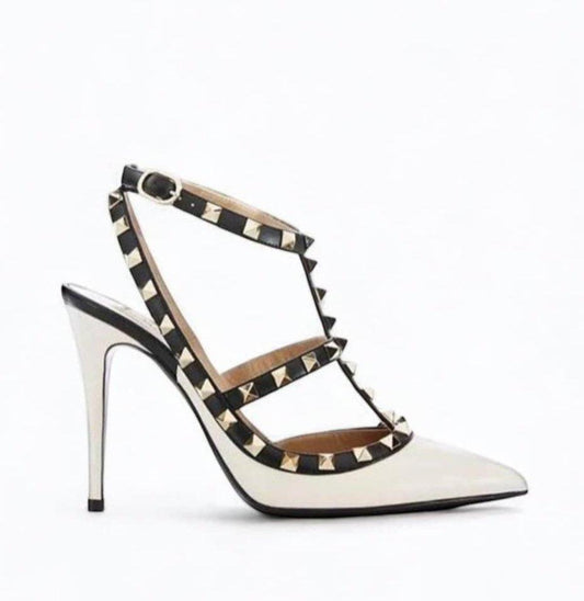 VALENTINO GARAVANI Beige Leather Caged Rockstud Pointed Toe Heels EU38.5