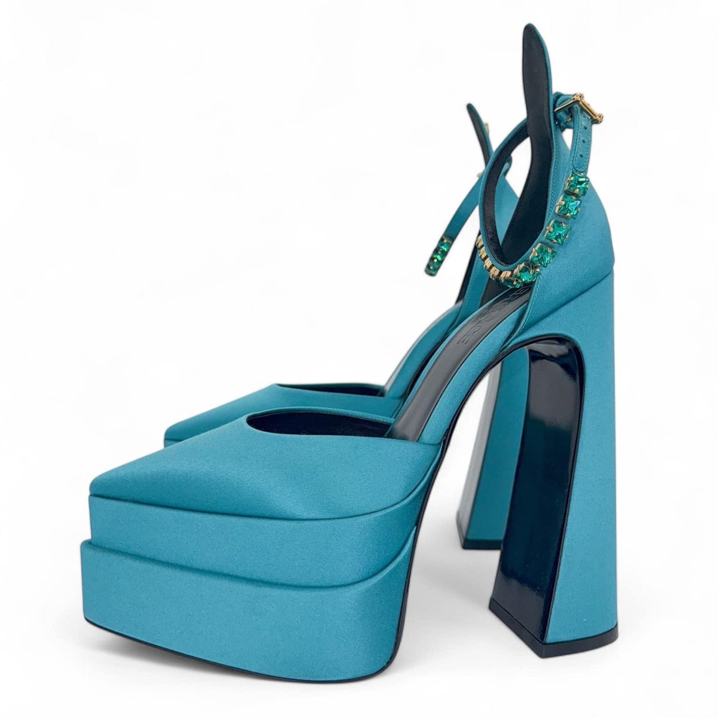 VERSACE Aevitas Teal Crystal-Embellished Platform Block Heel Pumps IT38