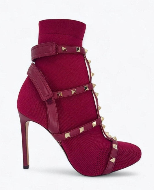 Valentino Garavani Burgundy Rockstud Sock Boot EU37.5