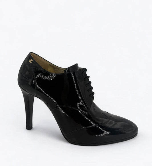CHANEL Derby Black Patent Leather CC Logo Lace-Up Stiletto Ankle Boots EU37
