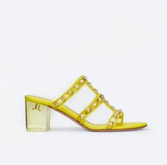 VALENTINO Garavani Yellow Rockstud Open Toe Plexi Heel Sandals EU39