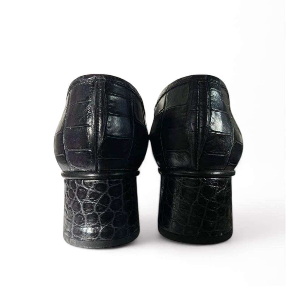CHANEL CC Logo Black Croc Embossed Calfskin Leather Loafers IT36.5